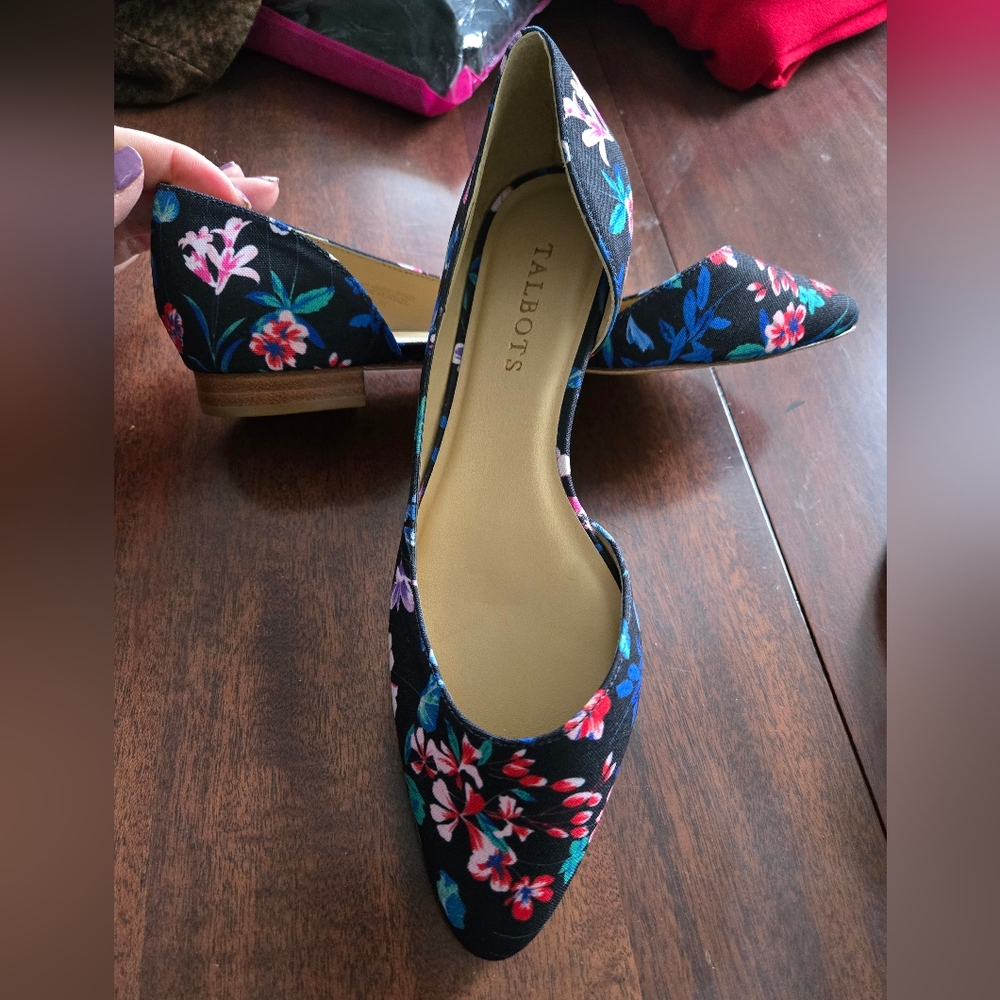 Talbots Indigo Floral D'Orsay flats pink royal red kelly  NWOT sz 7.5M